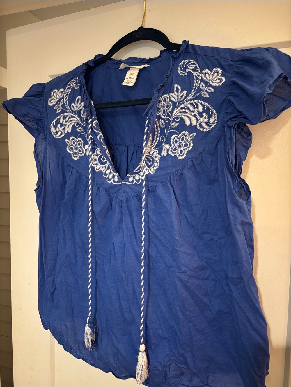 H&M Royal Blue Embroidered Peasant Blouse with Tassel Ties